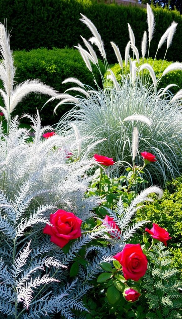 A lush garden scene bathed in soft, natural light. In the foreground, an elegant arrangement of silvery foliage - delicate ferns, shimmering grasses, and wispy plumes. Nestled among the foliage, vibrant red roses in full bloom, their petals catching the light. The middle ground features a gentle swell of more ornamental grasses, their slender stems swaying gently. In the background, a verdant backdrop of shrubs and trees, creating a sense of depth and tranquility. The overall composition conveys a harmonious balance of textures, colors, and natural forms, inviting the viewer to immerse themselves in the serene, contemplative atmosphere.