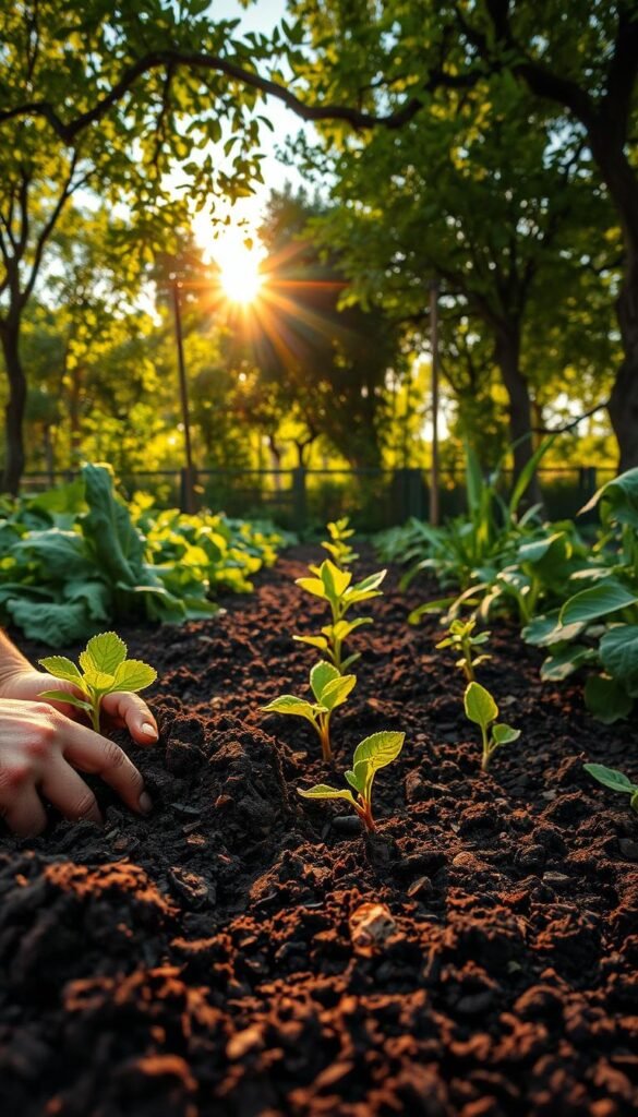 A lush garden scene showcasing organic soil building techniques. In the foreground, hands carefully work the rich, dark earth, incorporating compost and natural amendments. Midground, thriving plants and vegetables sprout from the nutrient-dense soil. Warm, golden sunlight filters through the canopy of verdant foliage in the background, casting a serene, natural glow. The composition highlights the harmony between human care and the cycles of life in a thriving, sustainable ecosystem. Captured with a wide-angle lens to convey the abundance and interconnectedness of this organic gardening approach.