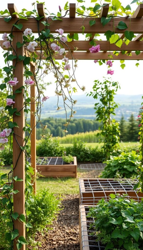 A lush garden scene with a beautifully crafted trellis support system in the foreground. Delicate vines and climbing flowers gracefully entwine the wooden beams and wire mesh, creating a stunning vertical display. In the middle ground, raised garden beds are adorned with a geometric grid of wiring, providing sturdy structures for plants to grow upwards. The background features a serene landscape, with soft natural lighting filtering through the leaves and petals. The overall composition exudes a sense of harmony, order, and effortless elegance, perfectly complementing the "Raised Bed Flower Garden Inspiration" theme.