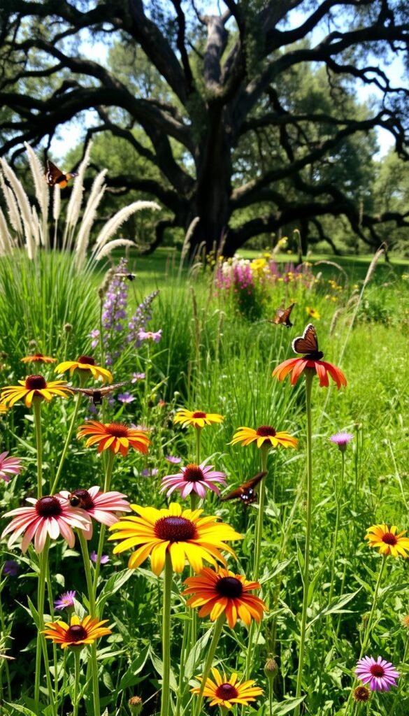 A lush garden scene with native wildflowers and buzzing pollinators. In the foreground, vibrant blooms of coneflowers, black-eyed Susans, and milkweed sway gently in a soft breeze. Butterflies and bees flit between the flowers, their wings catching the dappled sunlight. In the middle ground, a mix of tall grasses and flowering shrubs creates a natural, meadow-like setting. The background features a canopy of mature oak trees, their branches casting dancing shadows on the ground below. The overall scene conveys a sense of harmony and balance between the native plants and the pollinating insects that rely on them.