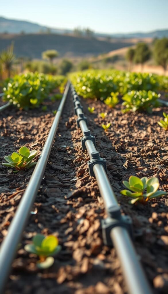 A lush garden setting with an efficient drip irrigation system in the foreground. The system consists of a network of slender pipes running along the soil, with strategically placed emitters that gently release water drops. The middle ground features a variety of drought-tolerant plants, their leaves glistening in the warm sunlight. In the background, a serene landscape with rolling hills and a clear sky, conveying a sense of tranquility and sustainability. The lighting is soft and natural, capturing the essence of an eco-friendly, water-conscious garden design. The camera angle is slightly elevated, providing a comprehensive view of the integrated irrigation setup and the thriving, water-wise plants it nurtures.