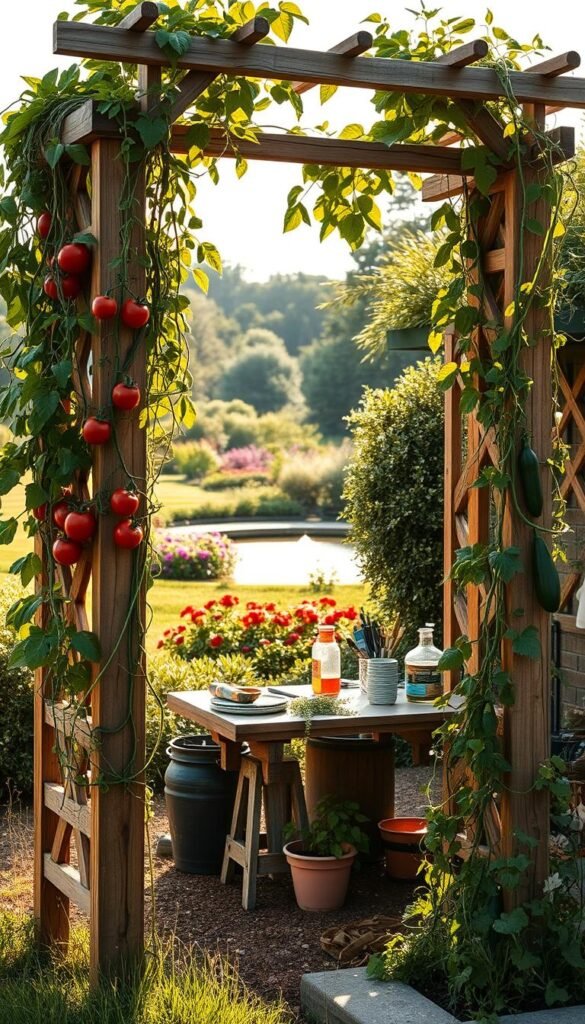 A lush garden trellis, handcrafted from rustic wooden beams and twining vines, stands as the centerpiece of a charming DIY project. In the foreground, various climbing plants like tomatoes, beans, and cucumbers ascend the latticed structure, their vibrant foliage cascading down. The middle ground features a cozy outdoor workspace, with a table and tools, where the trellis-making process is in full swing. In the background, a serene natural setting with a blooming flower bed and a tranquil pond creates a picturesque backdrop. The scene is bathed in warm, golden sunlight, casting a welcoming glow and a sense of rustic elegance. Lens: 50mm, Lighting: Natural daylight, Angle: Slightly elevated, Mood: Relaxed, DIY, Charming.