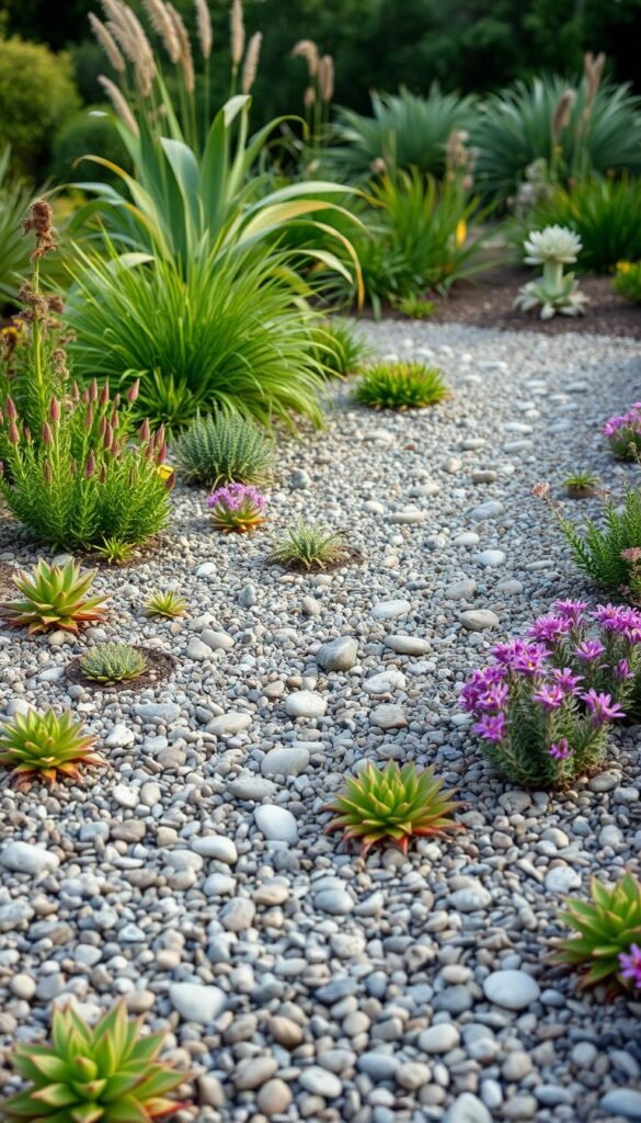 A lush, gravel-filled garden with flourishing plants and a serene atmosphere. In the foreground, an array of drought-tolerant succulents and low-growing perennials thrive in the well-drained gravel bed. The middle ground features a meandering pathway of smooth pebbles, leading the eye through the tranquil scene. In the background, a mix of ornamental grasses and shrubs create a natural, low-maintenance landscape. Soft, diffused lighting from the afternoon sun casts gentle shadows, enhancing the calming ambiance. The overall composition emphasizes the benefits of a gravel garden, showcasing its low-maintenance, water-wise, and visually appealing qualities.