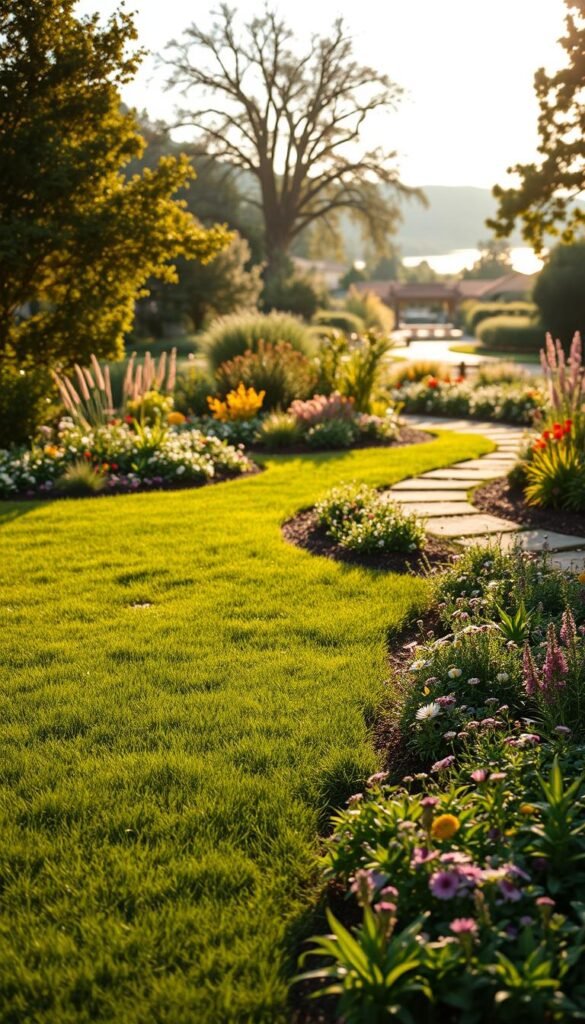 A lush green lawn transitioning into a thriving natural garden, showcasing the steps of the conversion process. In the foreground, neatly arranged garden beds filled with a diverse array of vibrant flora, including native wildflowers, herbs, and small shrubs. In the middle ground, a winding pathway leads the viewer through the transformation, revealing the gradual integration of natural elements. The background features a serene, sun-dappled landscape with mature trees and a hint of a tranquil water feature, creating a harmonious, inviting atmosphere. Warm, soft lighting casts a natural glow, highlighting the textures and colors of the growing space. Captured from a slightly elevated angle, the image conveys a sense of growth, renewal, and the beauty of a sustainable, eco-friendly lawn conversion.