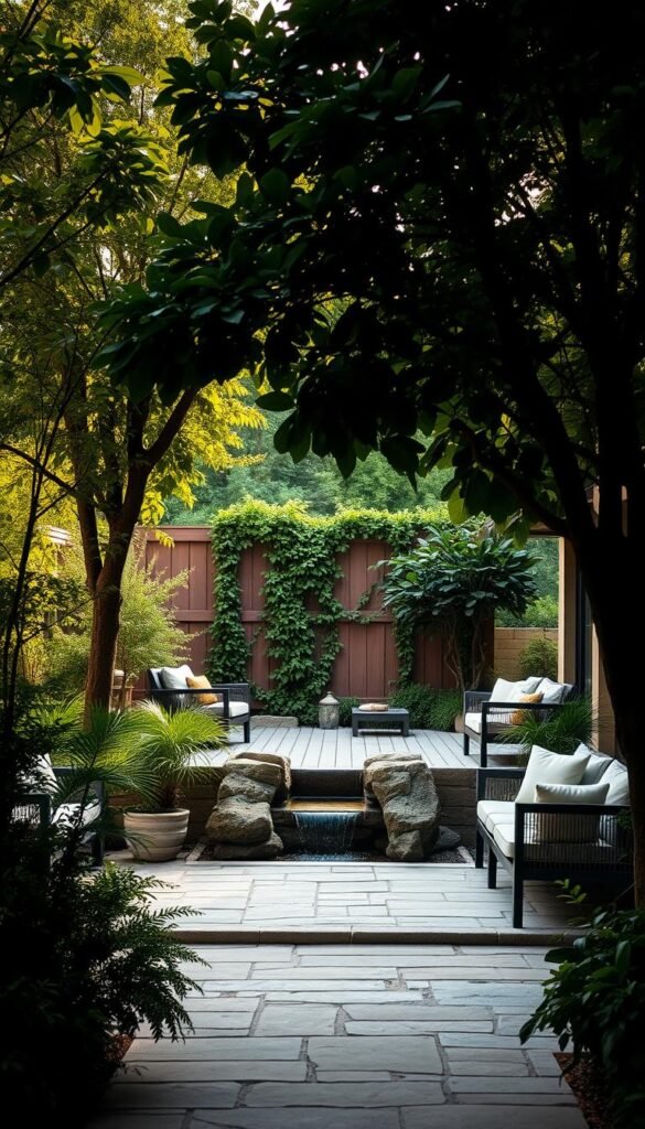 A lush, green outdoor oasis with a tranquil water feature and comfortable seating arrangements. The scene is bathed in soft, natural lighting, creating a warm and inviting ambiance. In the foreground, a stone-paved patio leads to a raised deck with plush, modern furniture. Mature trees and vibrant foliage frame the scene, providing a sense of privacy and seclusion. In the middle ground, a calming water fountain cascades over smooth rocks, its gentle sounds adding to the serene atmosphere. In the background, a wooden fence or trellis is adorned with climbing vines, further enhancing the natural, retreat-like feel of the space. The overall composition evokes a sense of relaxation and escape, perfectly capturing the essence of a transformative outdoor living area.