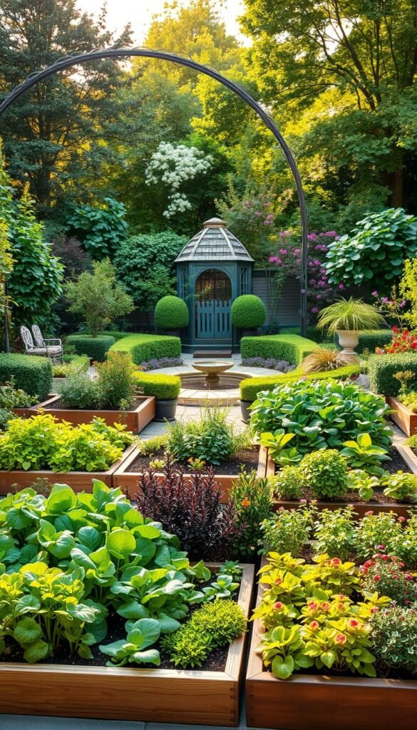 A lush, harmonious square garden layout with a sophisticated yet welcoming ambiance. In the foreground, a neatly organized arrangement of thriving vegetables, herbs, and flowering plants in raised beds maximizes the available space. The middle ground features a tranquil sitting area with a small water feature, surrounded by carefully pruned shrubs and climbing vines. The background showcases a mix of ornamental trees and delicate flowering plants, creating a sense of depth and natural beauty. Warm, diffused sunlight filters through the canopy, casting a soft, inviting glow over the entire scene. The overall composition emphasizes efficient space utilization while preserving an aesthetically pleasing, relaxing atmosphere.