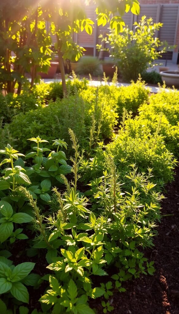 A lush herb garden, basking in the warm golden glow of the afternoon sun. Dappled sunlight filters through verdant foliage, casting gentle shadows across the neat rows of thriving herbs. In the foreground, fragrant basil, rosemary, and thyme plants sway gently in a soft breeze, their leaves glistening with moisture. The middle ground reveals a mix of hearty oregano, chives, and parsley, each variety distinct in its texture and hue. The background showcases the rich, earthy tones of the soil, punctuated by the occasional stone or weathered wooden planter. An aura of serenity and abundance pervades the scene, inviting the viewer to imagine the vibrant flavors and aromas that would emerge from this thriving backyard oasis.