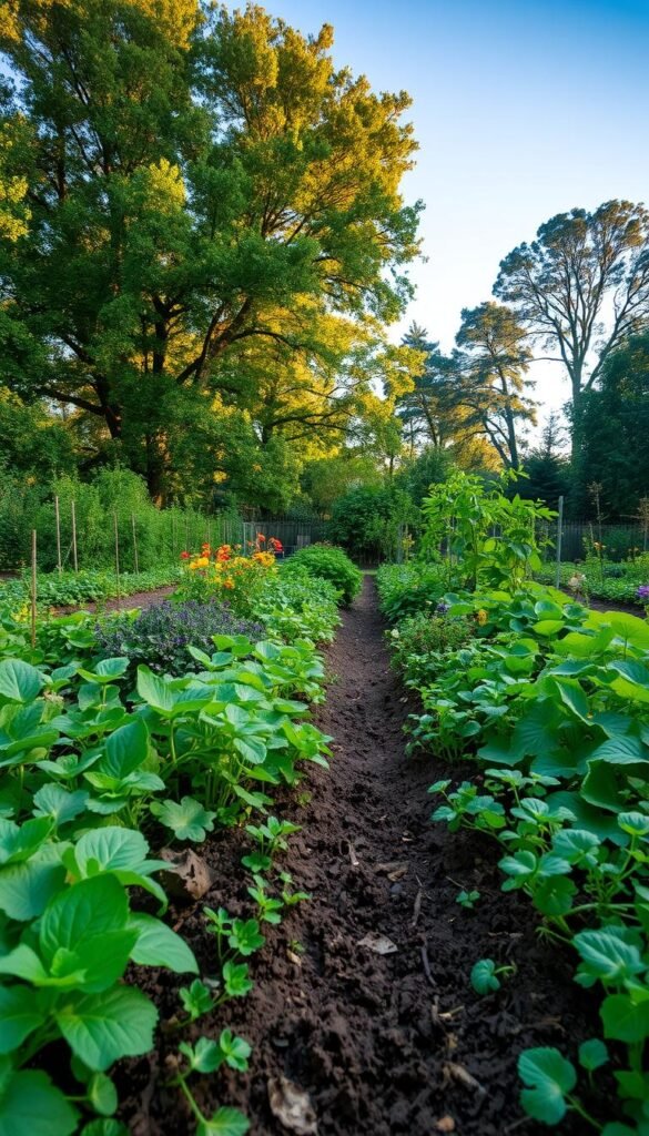 A lush, in-ground garden bursting with verdant foliage and thriving plants. The foreground showcases a diverse array of vegetables, herbs, and flowers, their vibrant colors and textures creating a visually captivating scene. In the middle ground, a neatly tilled soil bed, rich with organic matter, serves as the foundation for the garden's bounty. Towering trees and a clear, blue sky form the background, providing a natural and serene backdrop. Warm, diffused sunlight filters through the foliage, casting a gentle glow over the entire scene. The overall atmosphere conveys the abundant, low-maintenance benefits of an in-ground garden, inspiring a sense of tranquility and abundance.