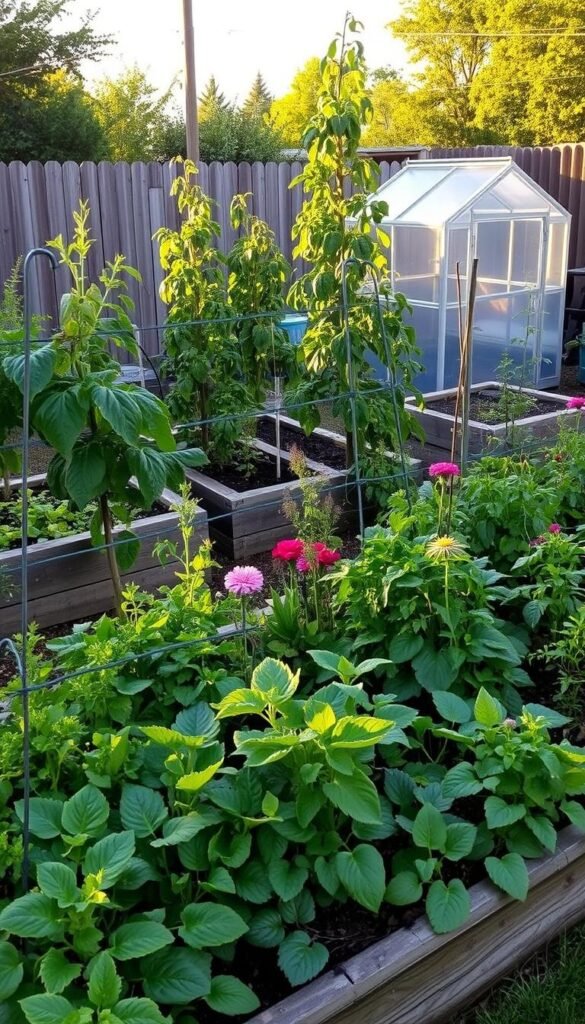 A lush, integrated backyard vegetable garden with raised beds, trellises, and companion plantings. The foreground features a variety of leafy greens, herbs, and flowering plants arranged in a visually appealing layout. The middle ground showcases tall tomato plants supported by sturdy cages, while the background depicts a small greenhouse or cold frame, providing a controlled environment for delicate crops. The scene is bathed in warm, golden-hour lighting, casting long shadows and highlighting the vibrant colors of the plants. The overall composition conveys a sense of harmony, productivity, and a connection to nature.