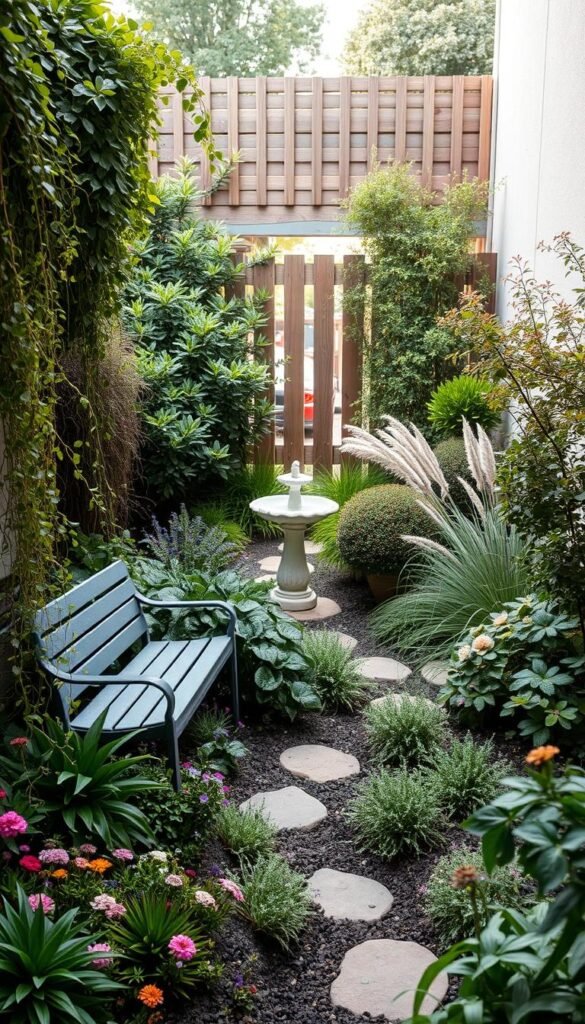A lush, intimate backyard garden with diverse plantings, cascading foliage, and thoughtful hardscaping elements. The foreground features a small sitting area with a modern, minimalist bench nestled amidst colorful perennials and trailing vines. The middle ground showcases a charming birdbath and a variety of textured shrubs, grasses, and flowering plants, creating depth and visual interest. In the background, a slatted wood fence with a gate frames the scene, allowing glimpses of a tranquil outdoor space beyond. Soft, diffused natural lighting imbues the entire composition with a serene, inviting atmosphere, highlighting the potential of this small, yet beautifully curated landscape.