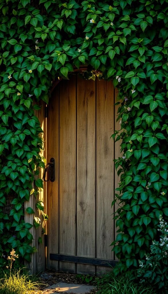 A lush, ivy-covered doorway nestled in a secret garden, bathed in soft, golden afternoon light. The vines cling gracefully to the weathered wood frame, creating a enchanting, verdant archway that invites exploration. Delicate flowers bloom amongst the foliage, adding pops of color to the serene scene. The doorway is partially obscured by leafy fronds, hinting at the hidden wonders that lie beyond, sparking the viewer's curiosity. The composition is balanced, with the doorway framed by a mix of light and shadow, conveying a sense of tranquility and timelessness. This captivating entryway sets the stage for a charming, secret garden vignette.