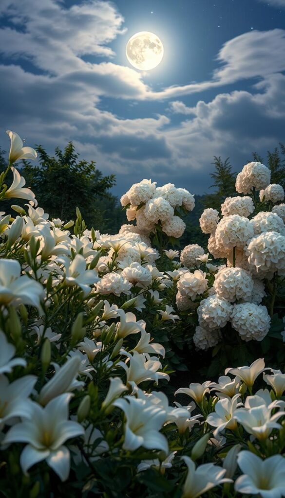 A lush, late spring garden bathed in the soft, ethereal glow of a moonlit night. In the foreground, an abundance of delicate white blooms sway gently in a light breeze - elegant lilies, fragrant jasmine, and pristine magnolia blossoms. The middle ground reveals a carefully curated arrangement of towering white peonies and lush hydrangea clusters, their petals shimmering with dew. In the background, a veil of wispy clouds drifts across a starry sky, casting a magical, romantic ambiance over the serene scene. Crisp, high-resolution details captured with a wide-angle lens to showcase the stunning, natural beauty of this stunning late spring display.