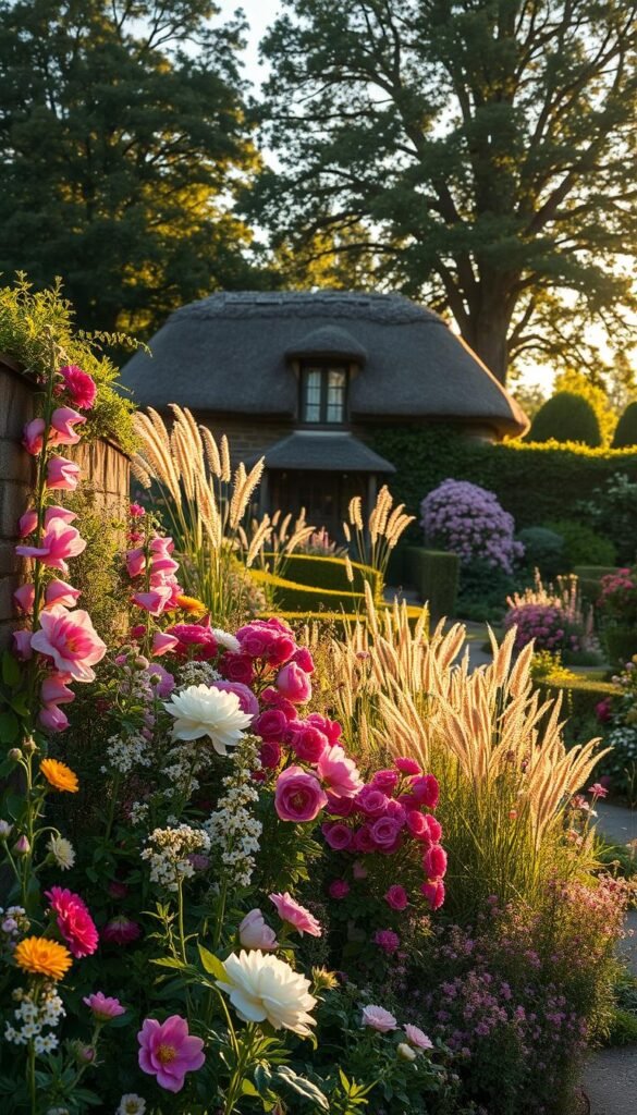 A lush, layered cottage garden in warm, golden afternoon light. In the foreground, a profusion of colorful blooms - peonies, foxgloves, hollyhocks, and climbing roses - spilling over stone walls and garden paths. The mid-ground features a mix of tall, wispy grasses, fragrant herbs, and cascading vines. In the background, a picturesque thatched-roof cottage is nestled among mature trees, casting soft, dappled shadows. Narrow depth of field emphasizes the cozy, romantic atmosphere. The overall scene radiates an inviting, rambling charm, capturing the essence of an idyllic English cottage garden.