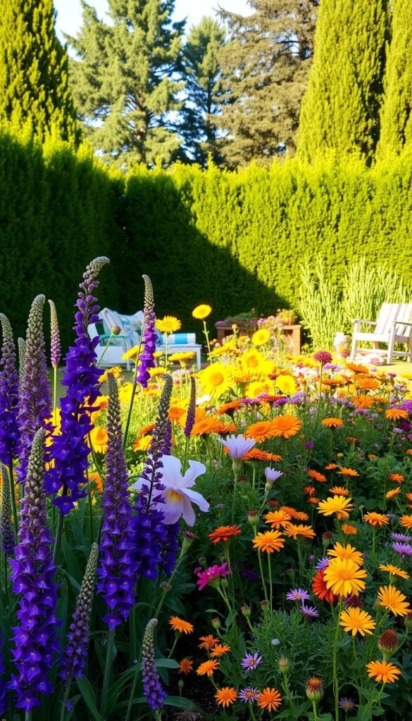 A lush, layered flower bed in a backyard garden, bathed in warm, golden afternoon light. In the foreground, a vibrant tapestry of colorful perennials - tall, swaying delphiniums, velvety purple irises, and cascading pink peonies. The middle ground features a mix of annuals, their petals gently rustling in a soft breeze - cheerful sunflowers, fragrant marigolds, and delicate cosmos. In the background, a verdant backdrop of lush, towering shrubs and trees creates a sense of depth and enclosure, framing the scene. The overall composition is a harmonious blend of textures, heights, and hues, inviting the viewer to step into this serene, inviting garden oasis.