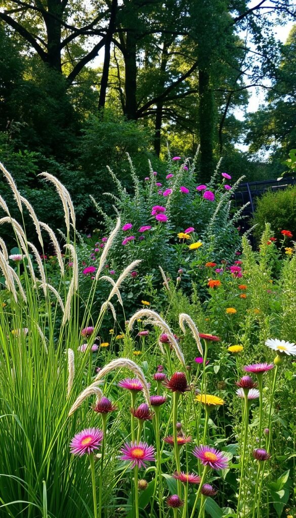 A lush, layered garden scene with diverse plant heights and textures. In the foreground, a profusion of tall, swaying grasses and vibrant wildflowers in a soft, natural light. The middle ground features a mix of leafy shrubs and flowering perennials, creating a sense of depth and visual interest. In the background, a backdrop of towering trees casts a dappled, filtered light across the entire composition. The overall atmosphere is one of serene tranquility, inviting the viewer to immerse themselves in the harmonious interplay of shapes, colors, and verdant growth.