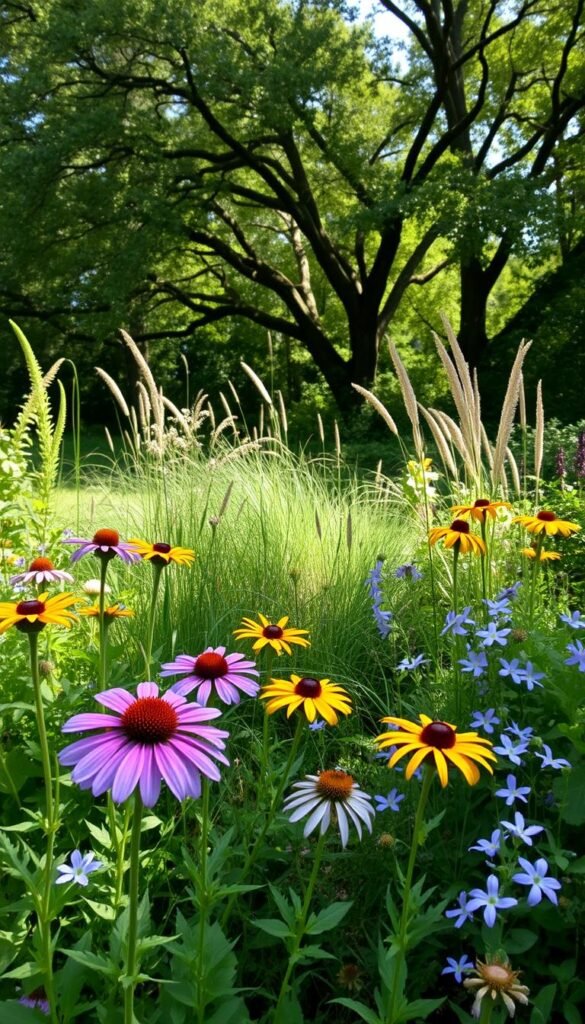 A lush, layered native plant garden in dappled sunlight. In the foreground, vibrant wildflowers sway gently - purple coneflowers, golden rudbeckia, and delicate blue lobelia. The middle ground features a mix of tall grasses and shrubs, including fragrant sumac and native serviceberry. In the background, a canopy of mature oak and hickory trees filters the light, casting soft shadows across the scene. The garden exudes a sense of natural harmony, a verdant oasis teeming with pollinators and songbirds. Captured with a wide-angle lens, the image conveys the beauty and complexity of a thriving native plant ecosystem.