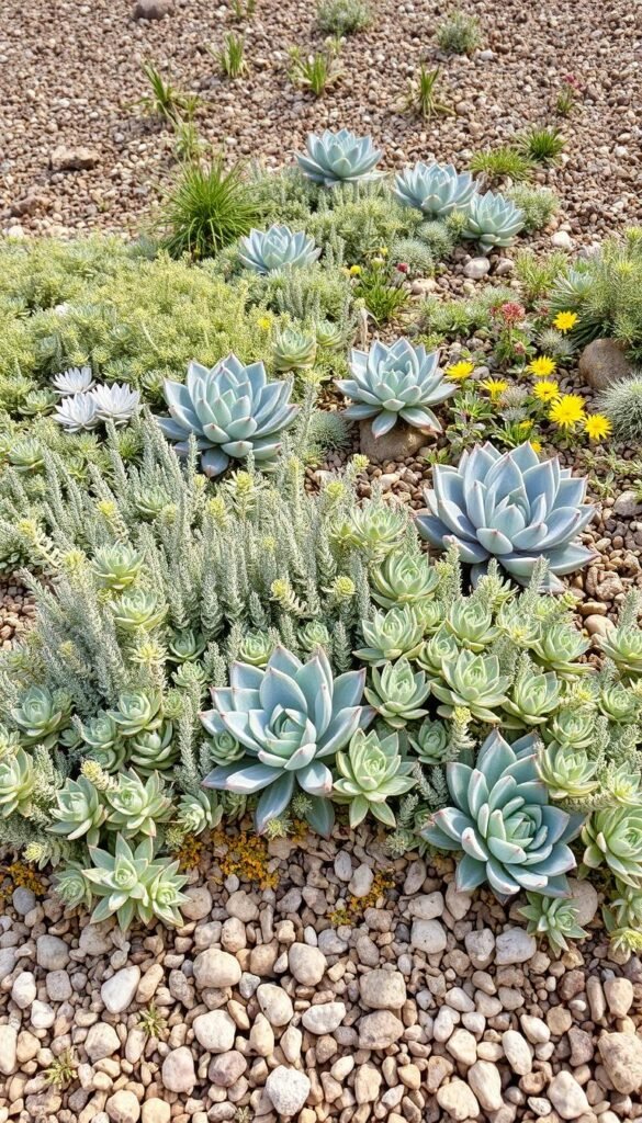 A lush, low-growing gravel garden texture with a variety of drought-tolerant plants in the foreground, including soft, silvery-green succulents, delicate thyme, and compact sedums. The middle ground features larger, sculptural foliage plants like rosettes of sedum and low-growing, mounded Echeveria. In the background, a mix of small, diverse perennials and grasses creates a natural, textural tapestry, all set against a backdrop of warm, sun-dappled gravel. The lighting is soft and diffused, highlighting the plants' intricate details and creating a serene, harmonious composition.
