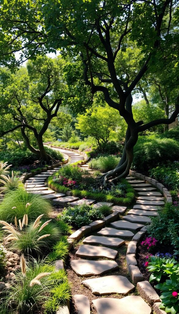 A lush, meandering garden pathway winds through a verdant landscape, its curved edges and natural stone elements blending seamlessly with the surrounding foliage. Dappled sunlight filters through the canopy above, casting a warm, inviting glow on the winding trail. Organic forms, such as twisted tree roots and undulating flower beds, guide the eye along the serpentine path, creating a sense of discovery and exploration. The pathway is framed by a mix of textured plants, from wispy grasses to vibrant blooms, adding depth and visual interest to the scene. The overall atmosphere is one of tranquility and harmonious integration between the built and natural elements, inviting the viewer to wander and immerse themselves in the beauty of the curved garden design.