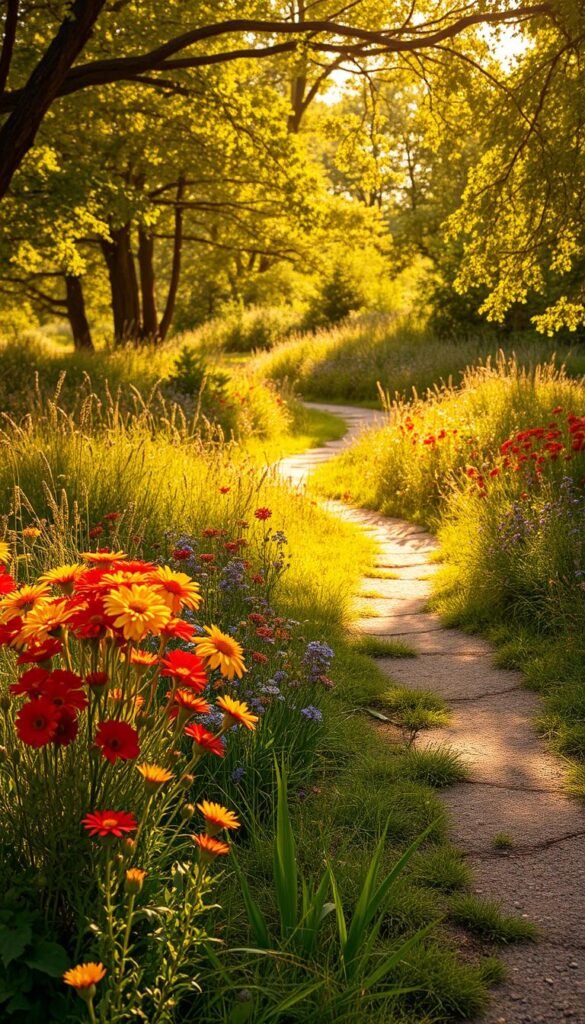 A lush, meandering pathway winding through a vibrant wildflower garden. In the foreground, clusters of colorful blooms - vibrant reds, sunny yellows, and delicate purples - sway gently in a soft breeze. The pathway leads the eye deeper into the scene, revealing a middle ground of tall grasses and scattered wildflowers, creating a naturalistic, organic composition. Framing the edges, mature trees cast dappled shadows, their canopies filtering the warm, golden sunlight that bathes the entire garden in a serene, dreamlike atmosphere. The overall impression is one of wild abundance and harmonious coexistence, inviting the viewer to explore and immerse themselves in this verdant, rejuvenating oasis.