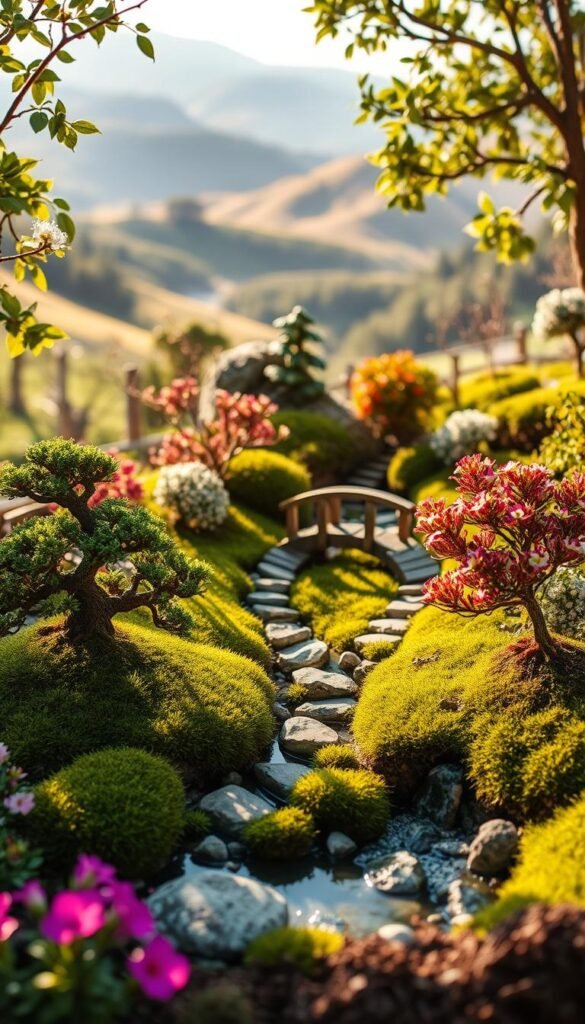 A lush, meticulously crafted miniature garden nestled in a serene, sun-dappled setting. Perfectly manicured bonsai trees, vibrant blooming flowers, and a tranquil water feature compose the foreground, inviting the viewer to step into this enchanting, miniaturized world. In the middle ground, intricate pathways wind through verdant moss and carefully placed stones, leading the eye towards a charming wooden bridge that arches over a babbling brook. The background features rolling hills, lush greenery, and a soft, hazy sky, creating a sense of depth and atmosphere. This enchanting scene is lit by warm, natural lighting that casts gentle shadows and highlights the delicate details of the miniature landscape.