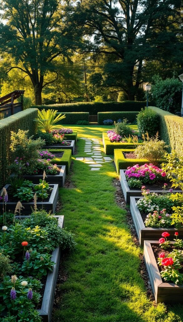 A lush, meticulously designed backyard garden layout, captured in warm, golden afternoon light. In the foreground, a series of raised garden beds filled with vibrant flowers, herbs, and vegetables, arranged in a harmonious pattern. In the middle ground, a meandering stone pathway leads the eye through the space, flanked by neatly trimmed hedges and blooming shrubs. The background features a picturesque backdrop of mature trees, casting soft, dappled shadows across the scene. The overall composition radiates a sense of tranquility, balance, and the perfect harmony between nature and human design. A lush, meticulously designed backyard garden layout, captured in warm, golden afternoon light. In the foreground, a series of raised garden beds filled with vibrant flowers, herbs, and vegetables, arranged in a harmonious pattern. In the middle ground, a meandering stone pathway leads the eye through the space, flanked by neatly trimmed hedges and blooming shrubs. The background features a picturesque backdrop of mature trees, casting soft, dappled shadows across the scene. The overall composition radiates a sense of tranquility, balance, and the perfect harmony between nature and human design.
