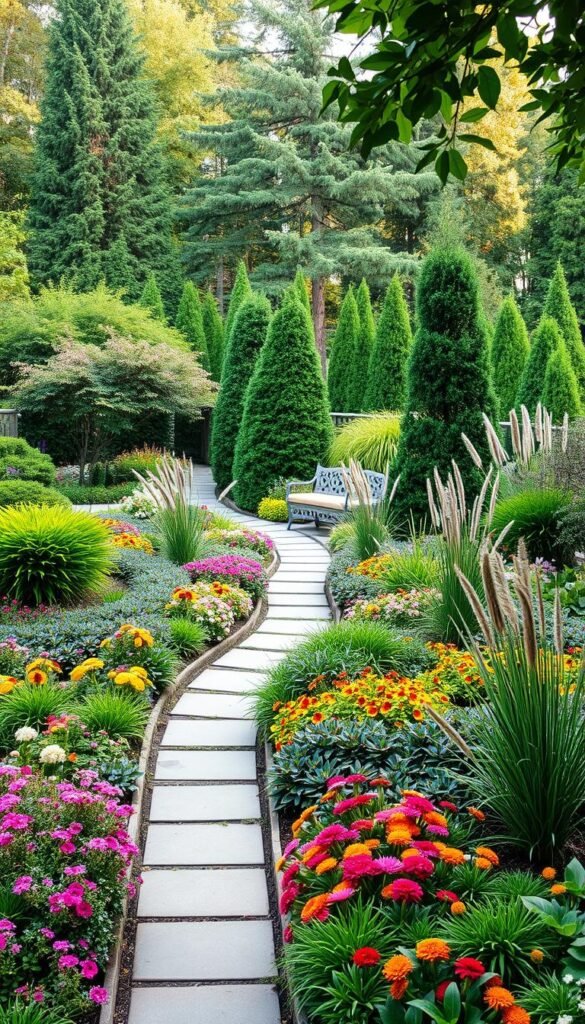 A lush, meticulously designed backyard garden with vibrant, neatly arranged flowerbeds and verdant foliage. In the foreground, a diverse array of blooming perennials and ornamental grasses create a tapestry of color and texture. The middle ground features a winding stone path leading to a tranquil seating area, surrounded by strategically placed shrubs and trees that provide a sense of enclosure and privacy. The background showcases a harmonious blend of evergreen and deciduous plants, creating depth and visual interest. Soft, diffused natural lighting filters through the canopy, casting a warm, inviting glow over the entire scene. The overall composition conveys a sense of order, balance, and a carefully curated aesthetic, embodying the essence of a well-planned, small-scale garden oasis.