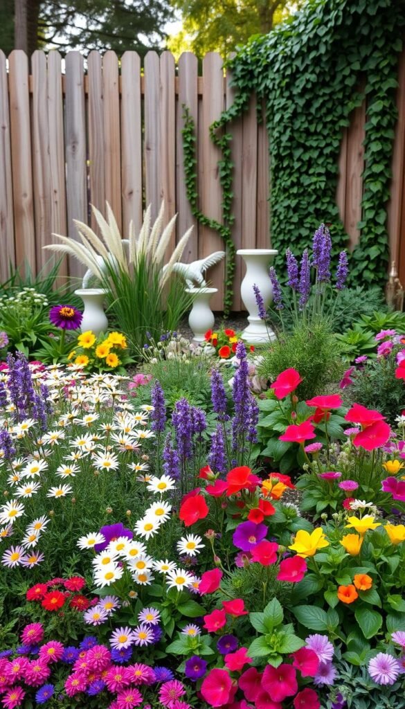 A lush, meticulously designed front yard flower bed takes center stage, showcasing a vibrant array of blooms. In the foreground, a colorful mix of perennials and annuals, such as cheerful daisies, fragrant lavender, and cascading petunias, create a captivating display. The middle ground features a mix of textured foliage plants, including ornamental grasses and lush ferns, adding depth and visual interest. Strategically placed garden sculptures and ornaments dot the scene, complementing the natural beauty. The background is framed by a picturesque wooden fence, with a touch of verdant vines trailing along the posts, creating a sense of tranquility and seclusion. Soft, natural lighting filters through, casting a warm glow and highlighting the vibrant colors of the flowers. The overall composition evokes a serene and inviting atmosphere, inspiring viewers to reimagine their own front yard oasis.