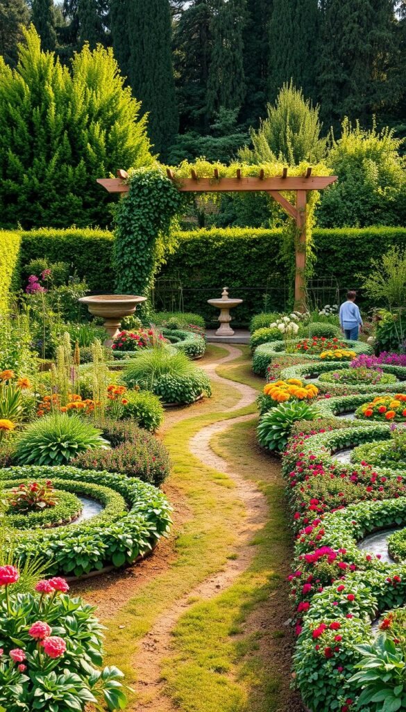 A lush, meticulously designed garden layout, showcasing a harmonious balance of vibrant colors, textures, and forms. In the foreground, a gently winding path leads the viewer through a tapestry of flourishing plants, including neatly arranged vegetable beds, herb spirals, and cascading flowers. The middle ground features a central focal point, such as a ornamental water feature or a rustic pergola draped with climbing vines. The background is framed by a verdant backdrop of towering trees and shrubs, creating a sense of depth and enclosure. Warm, natural lighting bathes the scene, casting soft shadows and highlighting the intricate details of the garden's design. The overall atmosphere conveys a sense of tranquility, productivity, and a deep connection to the natural world.