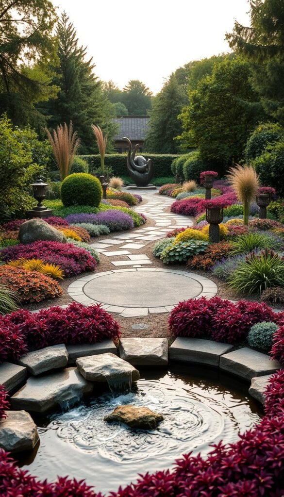 A lush, meticulously designed garden layout with thoughtfully placed focal points. The foreground features a gently flowing water feature, surrounded by a circular arrangement of vibrant, textured planting beds. In the middle ground, a winding stone path leads the eye towards a striking sculptural element, framed by a harmonious palette of perennials and ornamental grasses. The background is filled with verdant trees and shrubs, creating a sense of depth and enclosure. Warm, diffused lighting casts a serene, magical atmosphere over the entire scene, inviting the viewer to wander and discover the garden's hidden delights.