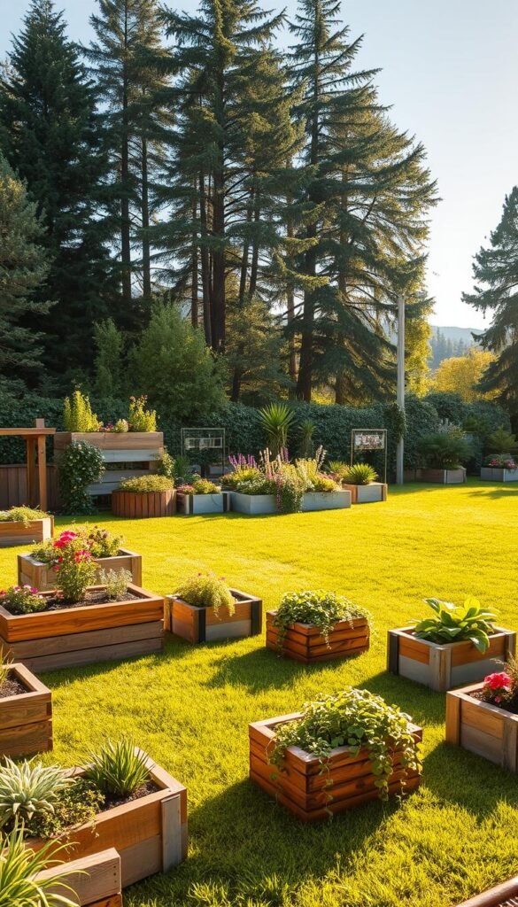 A lush, meticulously designed garden showcasing an array of innovative, DIY-inspired planter beds. The foreground features an eclectic mix of raised planters, ranging from rustic wooden structures to sleek, minimalist concrete designs. The middle ground boasts a stunning arrangement of cascading flowers, trailing vines, and vibrant foliage, creating a visually stunning and harmonious display. In the background, a well-manicured lawn frames the scene, leading the eye towards a tranquil, natural backdrop of towering trees and a clear, blue sky. The entire composition is bathed in warm, golden sunlight, conveying a sense of serene, natural beauty and inspiring creativity in the viewer.