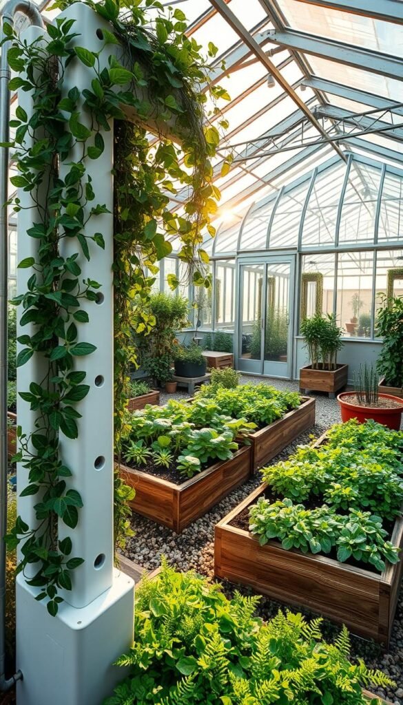 A lush, meticulously designed garden showcasing innovative growing techniques. In the foreground, a visually striking vertical garden system with cascading plants, utilizing efficient hydroponics. In the middle ground, raised garden beds with diverse, thriving crops arranged in a clever, space-saving layout. The background reveals a greenhouse structure with a sleek, modern design, its glass panels refracting warm, golden light. The scene radiates a sense of harmony, with each element working in concert to create a self-sustaining, high-yield oasis. Captured through a wide-angle lens, the composition emphasizes the garden's integrated, holistic approach to maximizing productivity within a limited urban space.