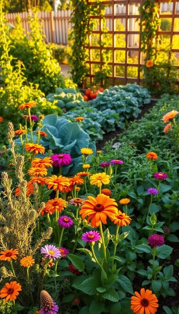 A lush, meticulously designed herb and vegetable garden, with vibrant flowers scattered throughout, bathed in warm, golden afternoon sunlight. In the foreground, a mix of fragrant herbs - rosemary, thyme, and basil - interspersed with colorful blooms like marigolds and zinnias, creating a visually striking and pollinator-friendly display. The middle ground features neatly spaced rows of leafy greens and vegetables, such as kale, tomatoes, and bell peppers, all thriving in the well-tended soil. In the background, a wooden trellis supports climbing vines, adding depth and texture to the scene. The overall composition exudes a sense of abundance, harmony, and a celebration of the beauty that can be achieved by thoughtfully integrating flowers into an edible garden design.