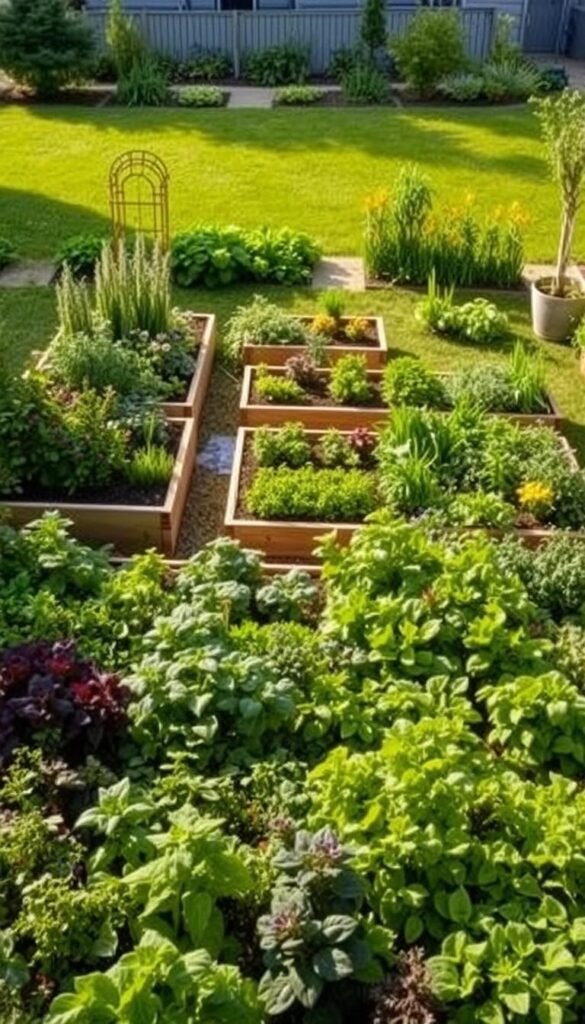 A lush, meticulously designed raised bed garden with an innovative layout that maximizes the use of limited outdoor space. The foreground showcases a variety of vibrant vegetables, herbs, and flowers arranged in an asymmetrical, visually compelling pattern. The middle ground features a mix of raised beds in varying heights and shapes, creating a sense of depth and visual interest. In the background, a well-manicured lawn frames the scene, with strategically placed garden pathways and accents like ornamental trellises or decorative arbors. The lighting is soft and natural, casting a warm, inviting glow over the entire composition. The overall mood is one of harmony, productivity, and inspiration for the modern urban gardener.