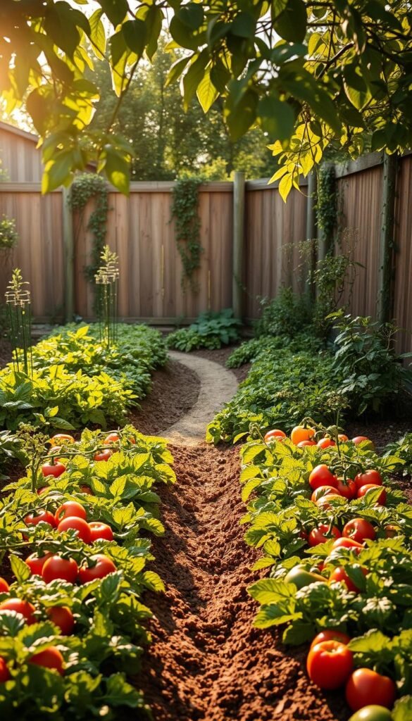 A lush, meticulously designed vegetable garden unfolds before the viewer. In the foreground, rows of vibrant greens, tomatoes, and colorful bell peppers are neatly arranged, casting soft shadows on the rich, loamy soil. The middle ground features a winding path lined with fragrant herbs, inviting the observer to explore the garden's layout. In the background, a wooden fence creates a natural boundary, partially obscured by climbing vines and flourishing companion plants. Warm, golden light filters through the leaves, casting a serene, productive atmosphere. The overall composition emphasizes efficiency, harmony, and the bounty of a well-planned backyard vegetable garden.