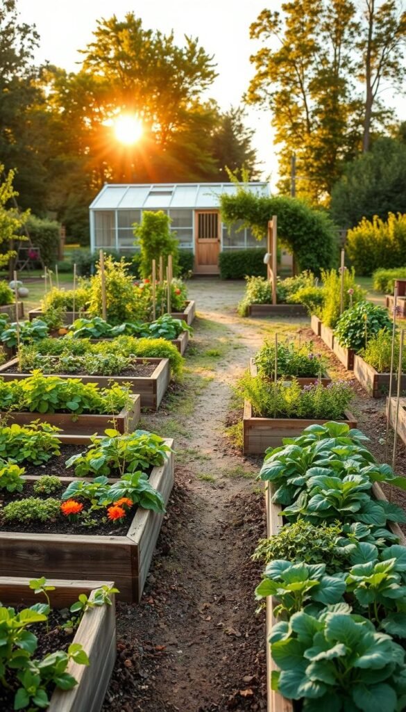 A lush, meticulously planned garden layout, captured in a detailed, wide-angle view. The foreground showcases neatly arranged raised garden beds, filled with thriving vegetables, herbs, and flowers. The middle ground features a winding path leading through the garden, flanked by orderly rows of plants. In the background, a picturesque shed or greenhouse stands, bathed in warm, golden sunlight filtering through the trees. The scene conveys a sense of productivity, order, and harmony, reflecting the thoughtful planning and preparation required for a self-sustaining garden.