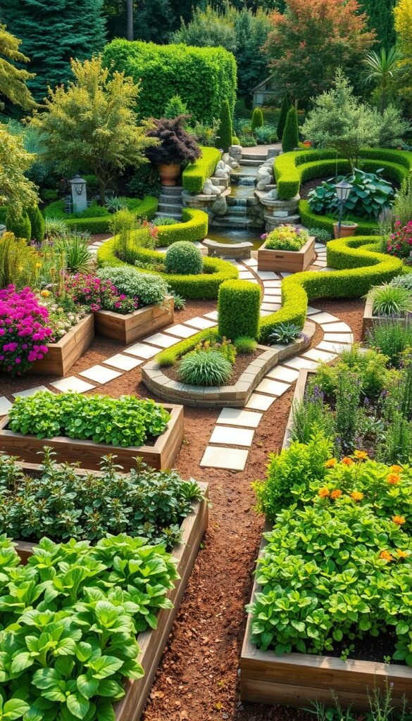 A lush, meticulously planned garden layout showcasing a harmonious blend of vibrant colors, textures, and flowing shapes. In the foreground, neatly arranged raised garden beds brimming with thriving vegetables, herbs, and flowers. The middle ground features meandering stone pathways flanked by neatly trimmed hedges and ornamental shrubbery. The background unveils a serene pond with a cascading waterfall, surrounded by a mix of mature trees and flowering plants. Diffused natural lighting casts a warm, inviting glow over the entire scene, accentuating the carefully curated design elements. The overall atmosphere exudes a sense of tranquility, productivity, and a deep connection to the natural world.