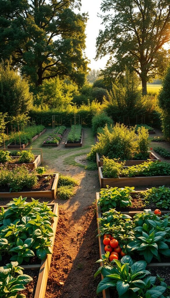 A lush, meticulously planned vegetable garden layout, bathed in warm, golden afternoon light. In the foreground, neatly organized raised garden beds filled with thriving greens, tomatoes, and other produce. In the middle ground, a path winding through the garden, flanked by orderly rows of plants. In the background, a verdant backdrop of mature trees and shrubs, casting soft, dappled shadows. The overall scene conveys a sense of harmony, productivity, and the joys of bountiful homegrown gardening. Captured with a wide-angle lens to showcase the comprehensive layout and design.