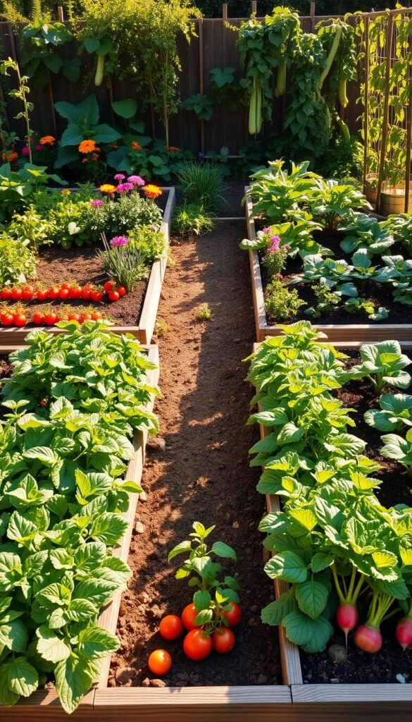 A lush, meticulously planned vegetable garden layout with a variety of thriving crops neatly arranged in raised beds. The foreground features an assortment of leafy greens, vibrant tomato plants, and healthy root vegetables like carrots and radishes, all expertly spaced to maximize the small plot. The middle ground showcases a central pathway lined with flowering companion plants, drawing the eye towards the background, which reveals a harmonious mix of herbs, squash, and pole beans cascading over trellises. The scene is bathed in warm, golden sunlight, casting long shadows and creating a sense of depth and dimensionality. The overall composition conveys a well-organized, productive, and aesthetically pleasing small-scale vegetable garden.