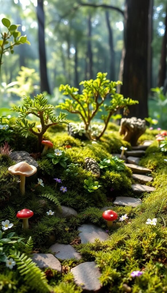 A lush, miniature fairy garden in a magical forest. The foreground features a quaint stone path winding through a carpet of vibrant mosses, ferns, and tiny flowering plants. Whimsical mushrooms and delicate wildflowers dot the landscape. In the middle ground, a cluster of miniature trees and shrubs create a cozy, enchanted atmosphere, their leaves and branches gently swaying in the breeze. The background is a dreamlike forest scene, with dappled sunlight filtering through the canopy, casting a warm, ethereal glow over the entire tableau. An air of wonder and enchantment permeates the scene, inviting the viewer to step into this captivating, mystical world.