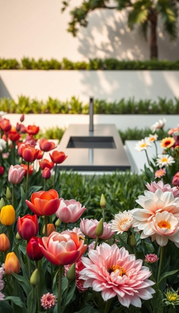 A lush, minimalist flower garden with a striking focal point. In the foreground, a striking arrangement of vibrant blooms in muted tones - a mix of tulips, peonies, and dahlias - artfully positioned to create a sense of elegant simplicity. The middle ground features a sleek, modern water feature reflecting the surrounding flora. In the background, a simple, understated boundary of low-lying greenery frames the scene, allowing the flowers to take center stage. Soft, diffused natural lighting casts a warm, serene glow over the entire composition, emphasizing the clean lines and harmonious color palette. The overall effect is one of carefully curated tranquility, where less is undoubtedly more.