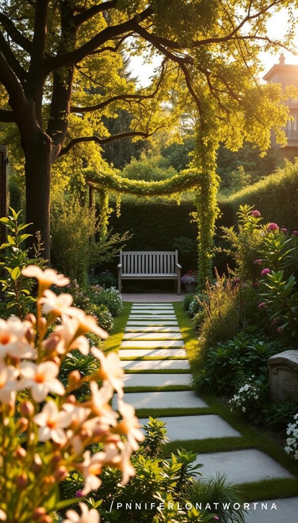 A lush, minimalist garden with carefully curated flower varieties, bathed in warm, golden afternoon light. In the foreground, a cluster of delicate blooms in shades of pink and white, their petals softly backlit. In the middle ground, a clean-lined stone pathway winds through verdant foliage, leading the eye towards a simple wooden bench nestled beneath a canopy of trailing vines. The background is a harmonious tapestry of greens, with towering trees framing the scene and casting gentle shadows across the tranquil space. The overall atmosphere is one of understated elegance and serene inspiration, inviting the viewer to imagine the possibilities of a thoughtfully designed minimalist flower garden.