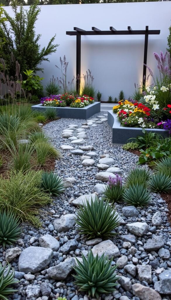 A lush, modern gravel garden design showcasing an array of drought-resistant plants and textural elements. In the foreground, a varied mix of low-growing succulents, ornamental grasses, and hardy perennials create a visually captivating tapestry. The middle ground features a gently winding path of smooth river rocks, bordered by raised planting beds filled with vibrant blooms. In the background, a minimalist trellis or pergola structure provides a subtle architectural accent, complementing the natural palette. Soft, diffused lighting illuminates the scene, evoking a serene, contemplative atmosphere. The overall composition emphasizes a harmonious balance between the organic and the designed, embodying the essence of a low-maintenance, contemporary gravel garden.