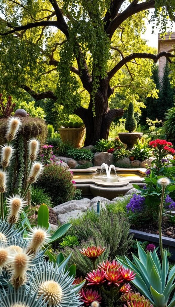 A lush, multi-sensory garden oasis with a mix of vibrant flora and tactile elements. In the foreground, a variety of textured plants, like fuzzy lamb's ear, spiky agave, and cascading succulents, inviting touch. In the middle ground, a bubbling water feature surrounded by aromatic herbs and flowers, creating a soothing, calming ambiance. Dappled sunlight filters through the canopy of a mature tree in the background, casting a warm, natural glow over the scene. The overall atmosphere is one of serene tranquility, encouraging visitors to engage their senses and immerse themselves in the restorative power of nature.
