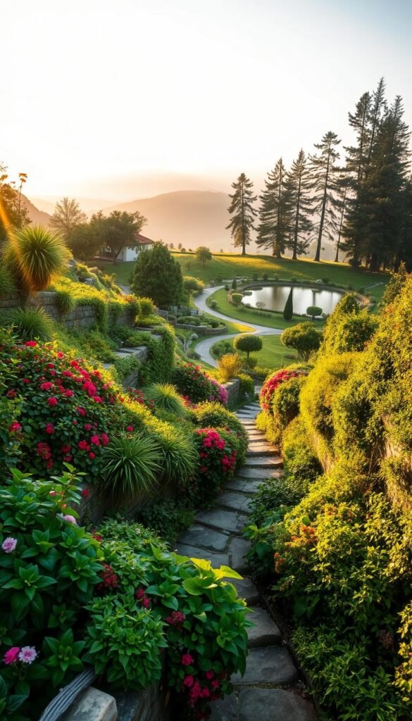 A lush, multi-tiered garden nestled on a rolling hillside, bathed in the warm glow of the evening sun. In the foreground, a diverse array of flourishing flora - vibrant flowers, cascading vines, and verdant foliage - spilling over stone retaining walls. The middle ground reveals a winding path leading through the terraced levels, inviting exploration. In the distance, a serene pond reflects the soft, diffused light, surrounded by tall trees swaying gently. The scene exudes a sense of tranquility and harmony, where nature's abundance is seamlessly integrated into the landscape.