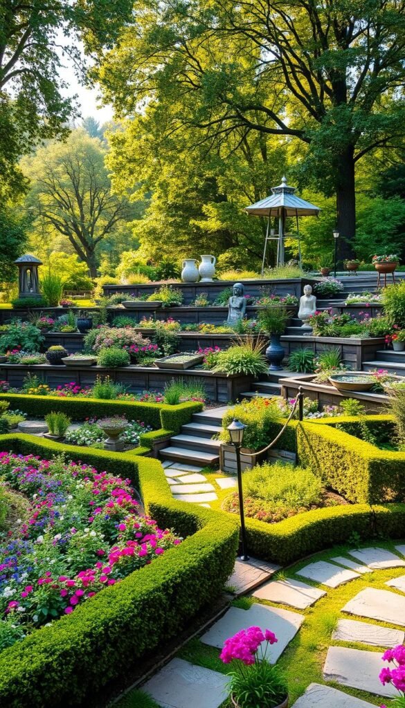 A lush, multi-tiered garden oasis, with cascading terraces overflowing with vibrant flora. In the foreground, neatly pruned hedges and stone pathways wind through beds of colorful perennials and fragrant herbs. The middle ground features tiered planters and raised garden beds, their levels connected by rustic wooden steps. Trickling water features and ornamental sculptures add visual interest, while the background showcases a verdant canopy of mature trees, filtering warm, golden sunlight. The overall atmosphere is one of serene, natural harmony, inviting the viewer to explore and immerse themselves in this stunning, layered landscape design.