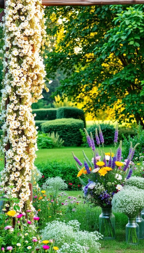 A lush, natural garden filled with an abundance of budget-friendly floral arrangements. In the foreground, a cluster of delicate, pastel-colored wildflowers cascades down the sides of a rustic wooden arbor, creating a romantic, whimsical atmosphere. The middle ground features a mix of vibrant, seasonal blooms such as daisy, lavender, and baby's breath, artfully arranged in simple, inexpensive vases or jars. In the background, a verdant landscape of leafy trees and shrubs provides a serene, picturesque backdrop, bathed in warm, golden afternoon light. The overall composition evokes a charming, organic, and effortlessly beautiful garden wedding scene.