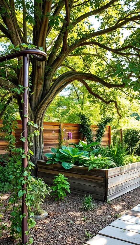 A lush, natural garden scene with a harmonious blend of recycled steel and reclaimed wood elements. In the foreground, a sculptural steel trellis supports climbing vines, its rugged industrial form softened by the organic textures of the wood and greenery. In the middle ground, a raised garden bed constructed from weathered reclaimed timber boards holds a vibrant assortment of thriving plants. Dappled sunlight filters through the canopy of a towering tree, casting a warm, earthy glow over the entire composition. The overall atmosphere evokes a sense of eco-conscious design, where sustainable materials are repurposed into functional and aesthetically pleasing garden features.