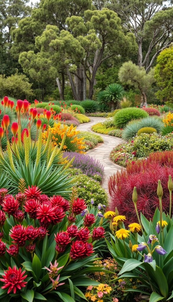 A lush, naturalistic garden layout featuring an array of vibrant Australian native plants. In the foreground, a thoughtful arrangement of banksia, grevillea, and bottlebrush bushes in varying heights and textures. The middle ground showcases a meandering path winding through a mix of low-growing plants like kangaroo paw, native iris, and cushion bushes. In the background, a stand of eucalyptus trees casts a gentle dappled light over the scene. The overall composition exudes a sense of harmony, showcasing how local flora can be expertly integrated into a cohesive and visually striking landscape design. Captured with a wide-angle lens to emphasize the depth and scale of the native garden.