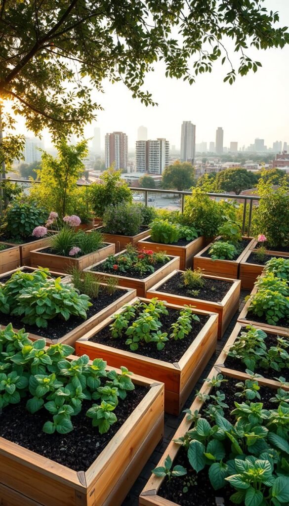 A lush, neatly organized raised bed garden setup sits against a backdrop of a serene urban landscape. The raised beds, crafted from natural wood, are filled with rich, dark soil and a variety of thriving leafy greens, vibrant flowers, and verdant herbs. The beds are arranged in a visually appealing layout, with gentle pathways winding between them. Warm, natural light filters through the scene, creating a soft, inviting atmosphere. The overall composition conveys a sense of tranquility, productivity, and the joys of urban gardening. A wide-angle lens captures the full setup, highlighting the integration of this green oasis within the cityscape.