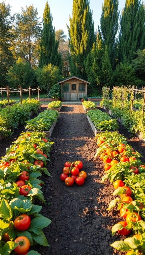 A lush, neatly organized vegetable garden laid out in a symmetrical pattern, showcasing a variety of colorful produce. In the foreground, rows of leafy greens, plump tomatoes, and vibrant bell peppers thrive under the warm, golden sunlight, casting gentle shadows on the rich, dark soil. In the middle ground, trellises support climbing vines of cucumbers and snap peas, while neat pathways wind between the raised garden beds. In the background, a picturesque shed or greenhouse sits nestled among towering, verdant trees, creating a tranquil, serene atmosphere. The overall composition conveys a sense of harmony, efficiency, and the abundant yield of a well-designed vegetable garden.